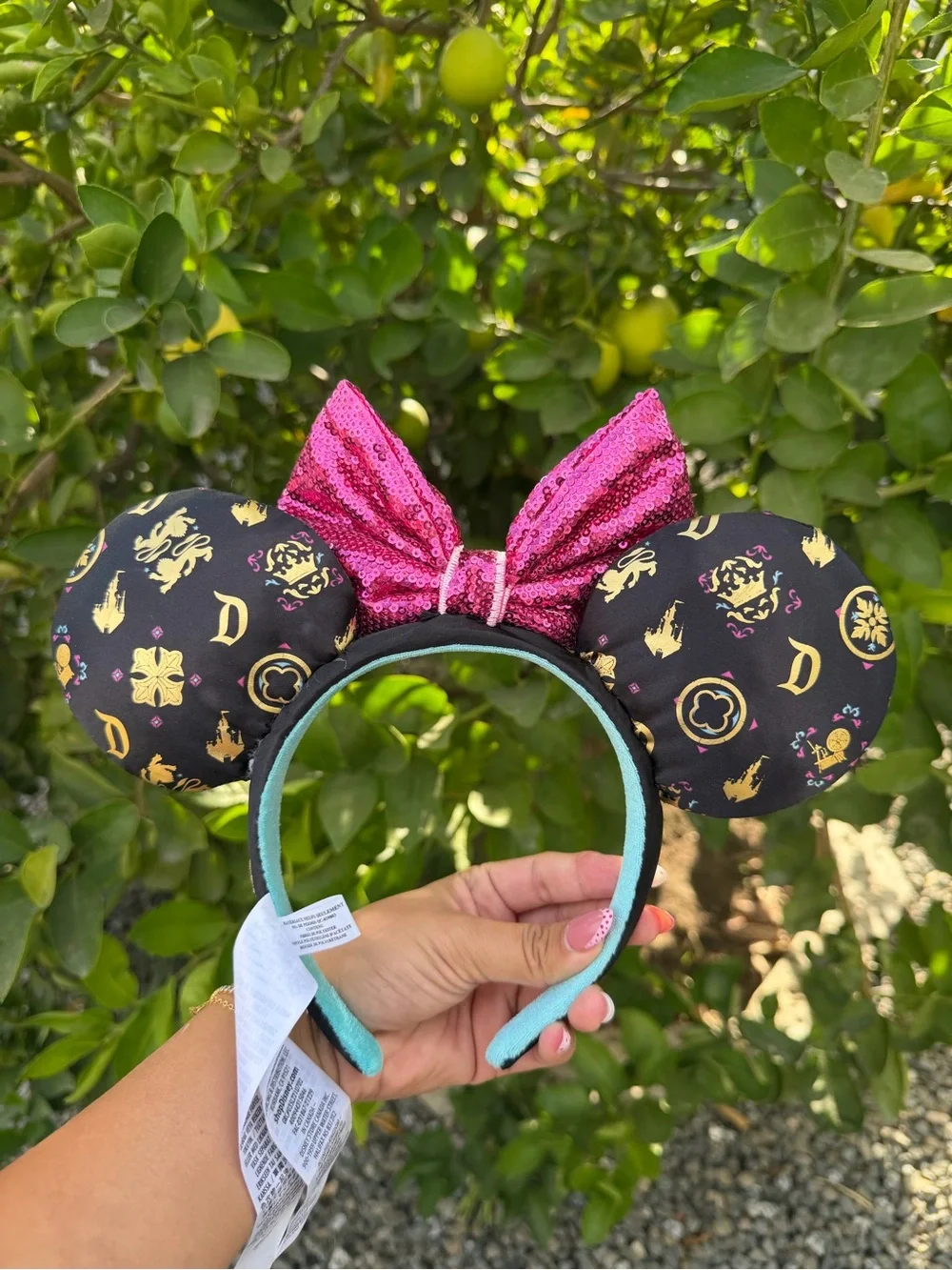 Pink Sequin Bow Minnie Ears Headband with Black Gold Print